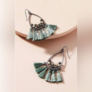 Anthropologie Teardrop Earrings with Green Tassels